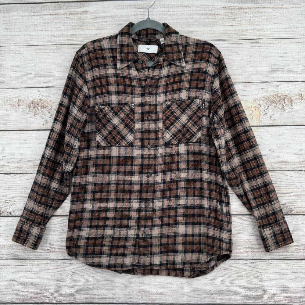 Tna Aritzia Flannel Button Down Shirt Mens 2XS Brown Beige Black Long Sleeve